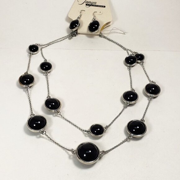 Polished Layered Silver tone & Black Beaded Necklace - Matching Earrings - Women - Picture 3 of 8